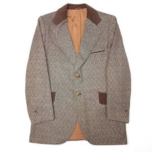 Vintage Tweed Blazer Mens 44R Leather Trimmed Hunting USA Made Outdoors Retro